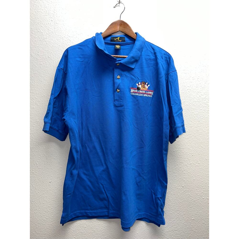 Vintage Colorado Springs Bowling Polo Shirt Bear Creek Lanes Blue Tee XL